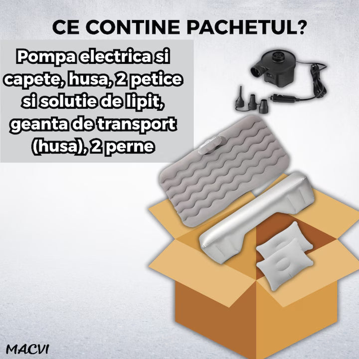 Saltea Gonflabila Auto Macvi® cu Perne si Suport de Echilibru, Ideala pentru Bancheta din Spate, Camping, Calatorii si Relaxare, Gri