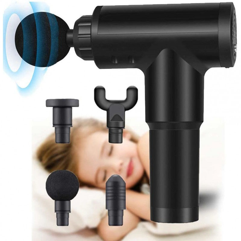 Aparat de Masaj Tip Pistol Macvi® , Cu 4 Capete Interschimbabile, 6 Trepte de Viteza, Autonomie 4 ore, 24W, 3400 RPM, Negru