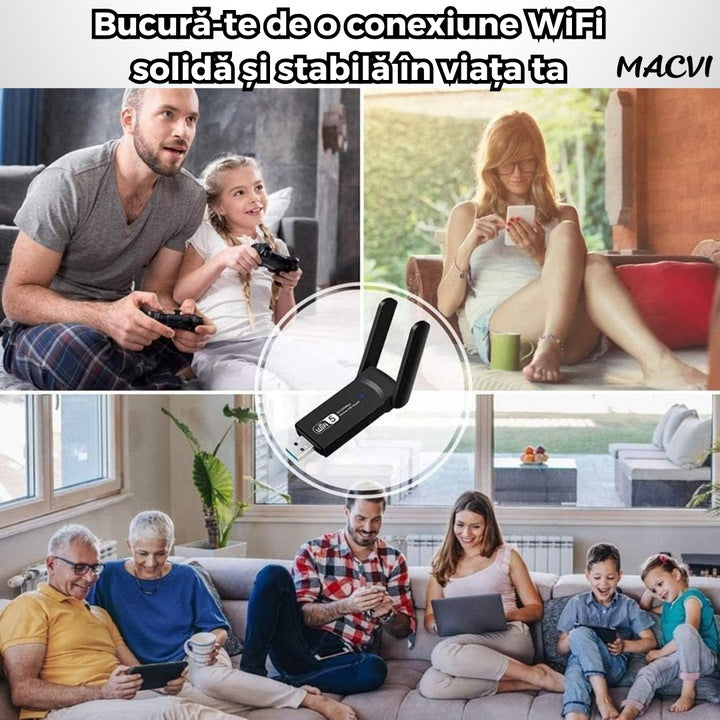 Adaptor wireless Macvi® usb 3.0 dual band 2.4 si 5 ghz 1200 mbps cu antene externe compatibil windows linux mac