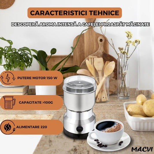 Rasnita electrica Macvi® pentru cafea, condimente si nuci, 100W, lame inox, argintiu