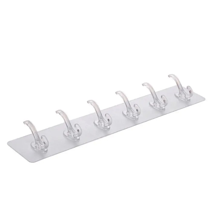 Suport pentru Perete Macvi®,  6 Carlige  Adeziv Transparent, Plastic