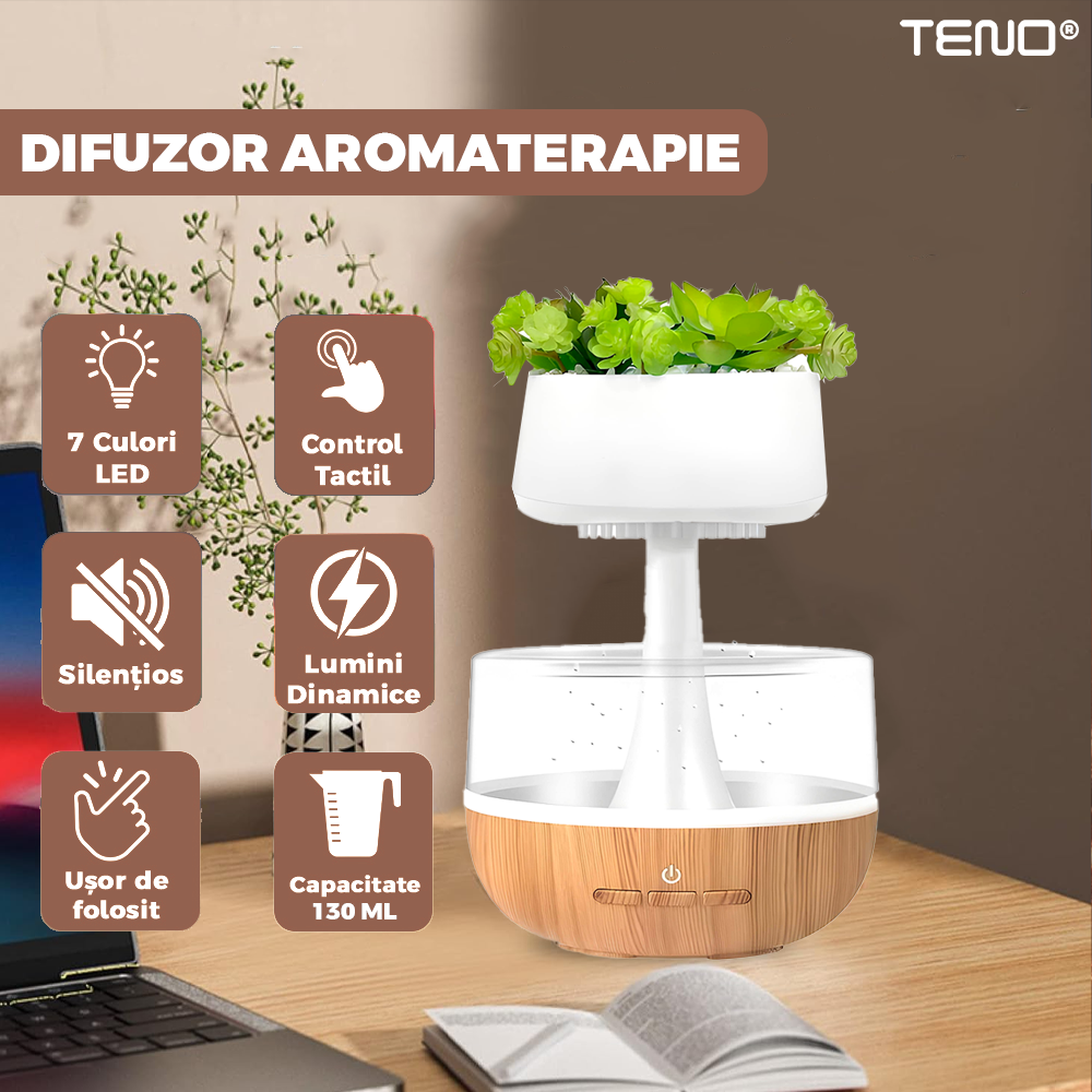 Difuzor Aromaterapie Teno®, tip planta, efect de picuri, silentios, temporizator, capacitate 130 ml, maro
