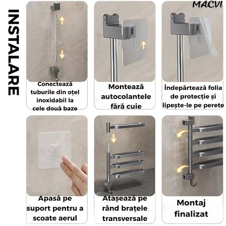 Suport prosoape Macvi® rotativ negru fara gaurire cu brate mobile si carlig integrat pentru baie sau bucatarie
