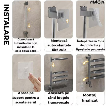 Suport prosoape Macvi® rotativ negru fara gaurire cu brate mobile si carlig integrat pentru baie sau bucatarie