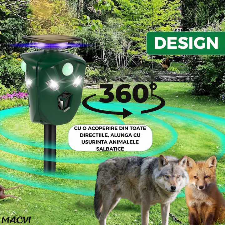Aparat Macvi® cu ultrasunete anti-daunatori triplu, 360°, anti animale salbatice, incarcare solara/USB, 3 senzori PIR, LED-uri stroboscopice, waterproof, verde