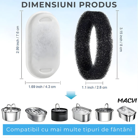 Set 4 filtre Macvi® pentru dispenser de apa automat, design oval, elimina mirosurile si gusturile neplacute, filtrare eficienta pentru caini si pisici, bumbac de calitate