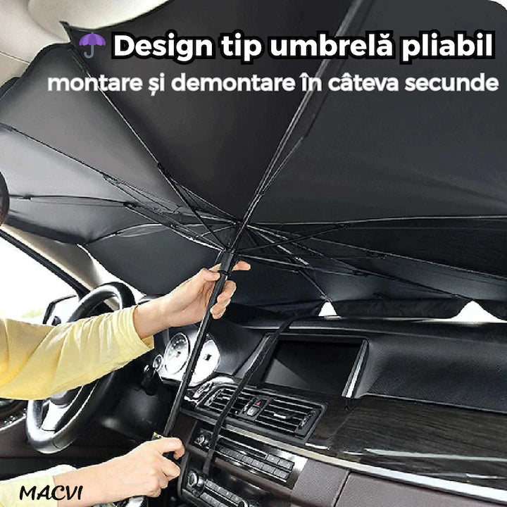 Protectie Parbriz Macvi® Tip Umbrela Pliabila, Reflectorizanta, Anti-UV, cu Husa Transport, 130 x 80, Instalare Rapida si Depozitare Compacta