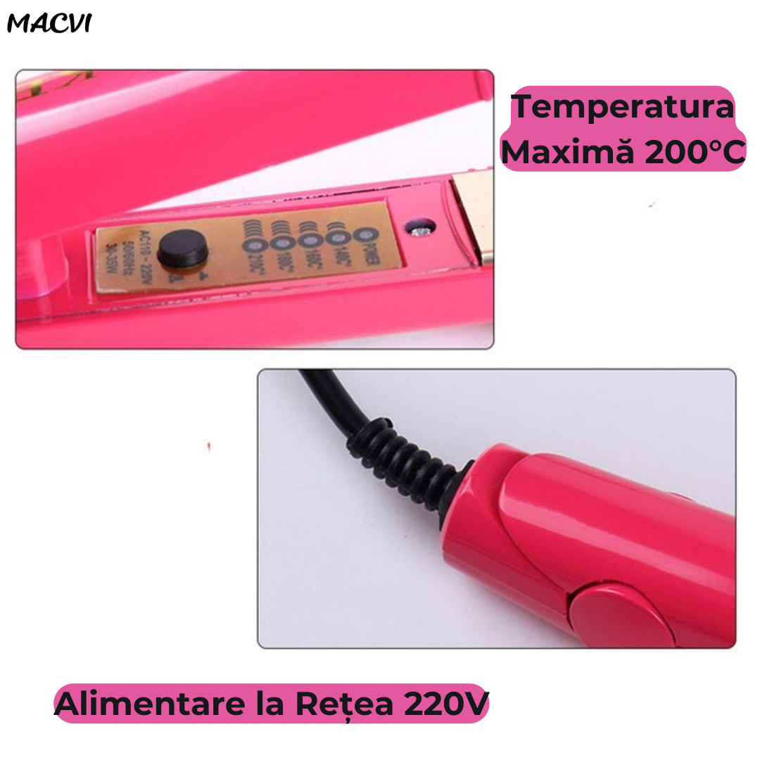 Placa pentru Indreptat Parul Macvi® cu Placi Ceramice, 4 Trepte de Temperatura, Roz, Alimentare la Retea