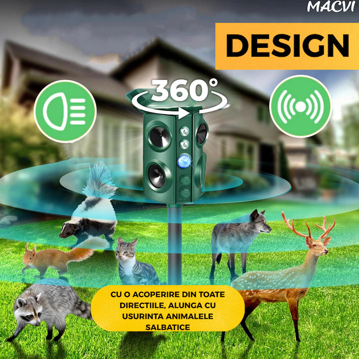 Aparat Macvi® cu ultrasunete anti-daunatori, 360°, anti animale salbatice, incarcare solara/USB, senzori PIR, LED-uri stroboscopice, waterproof, verde, dublu
