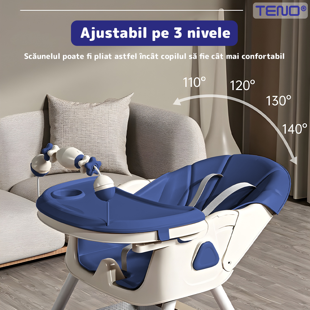 Scaun de Masa 3in1 pentru Bebelusi si Copii Teno®, centura de siguranta in 5 puncte, tavita reglabila si detasabila, loc depozitare jucarii, albastru inchis