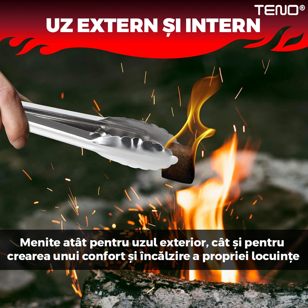 Set 40 Cuburi pentru Aprins Focul Teno®, pastile aprinzatoare ambalate individual, fara miros, timp indelungat de ardere de 8+ minute, incalzire centrala, seminee, sobe, camping, drumetii