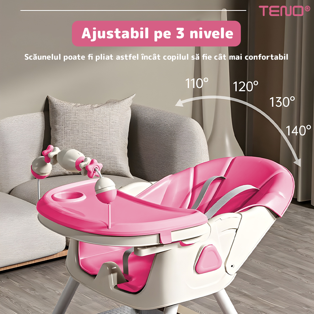 Scaun de Masa 3in1 pentru Bebelusi si Copii Teno®, centura de siguranta in 5 puncte, tavita reglabila si detasabila, loc depozitare jucarii, roz pastel