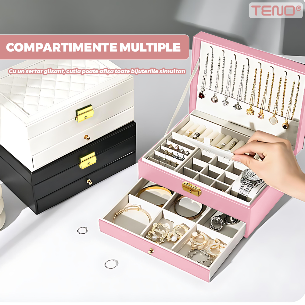 Cutie pentru Bijuterii Teno®, organizare si depozitare, 2 compartimente, captuseala fina, compartimente inele, bratari, lantisoare, ceasuri, compartiment secret, 23 x 10 x 17 cm, roz