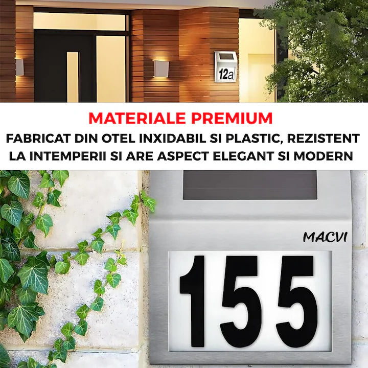 Placa Numar Casa Macvi® cu Iluminare Solara LED Montaj Exterior, Detectie Automata Noapte-Zi, Rezistenta la Intemperii, din Inox