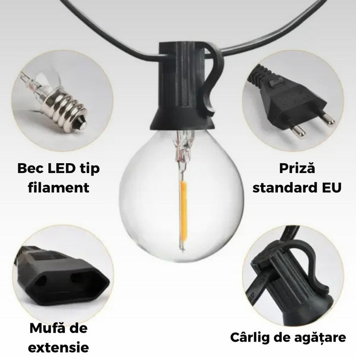 Ghirlanda luminoasa Macvi® led 8 metri cu 25 becuri G40 interconectabila rezistenta la exterior cu bec de rezerva inclus