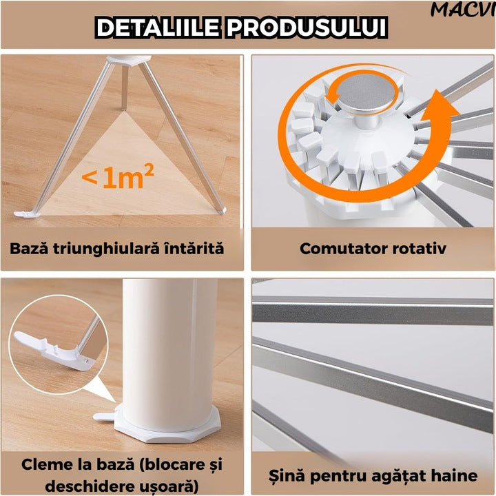 Uscator Rufe Macvi® Caracatita cu 1 Nivel Design Pliabil, Picioare Stabile, Ideal pentru Uscare Rapida in Spatii Mici, Aluminiu