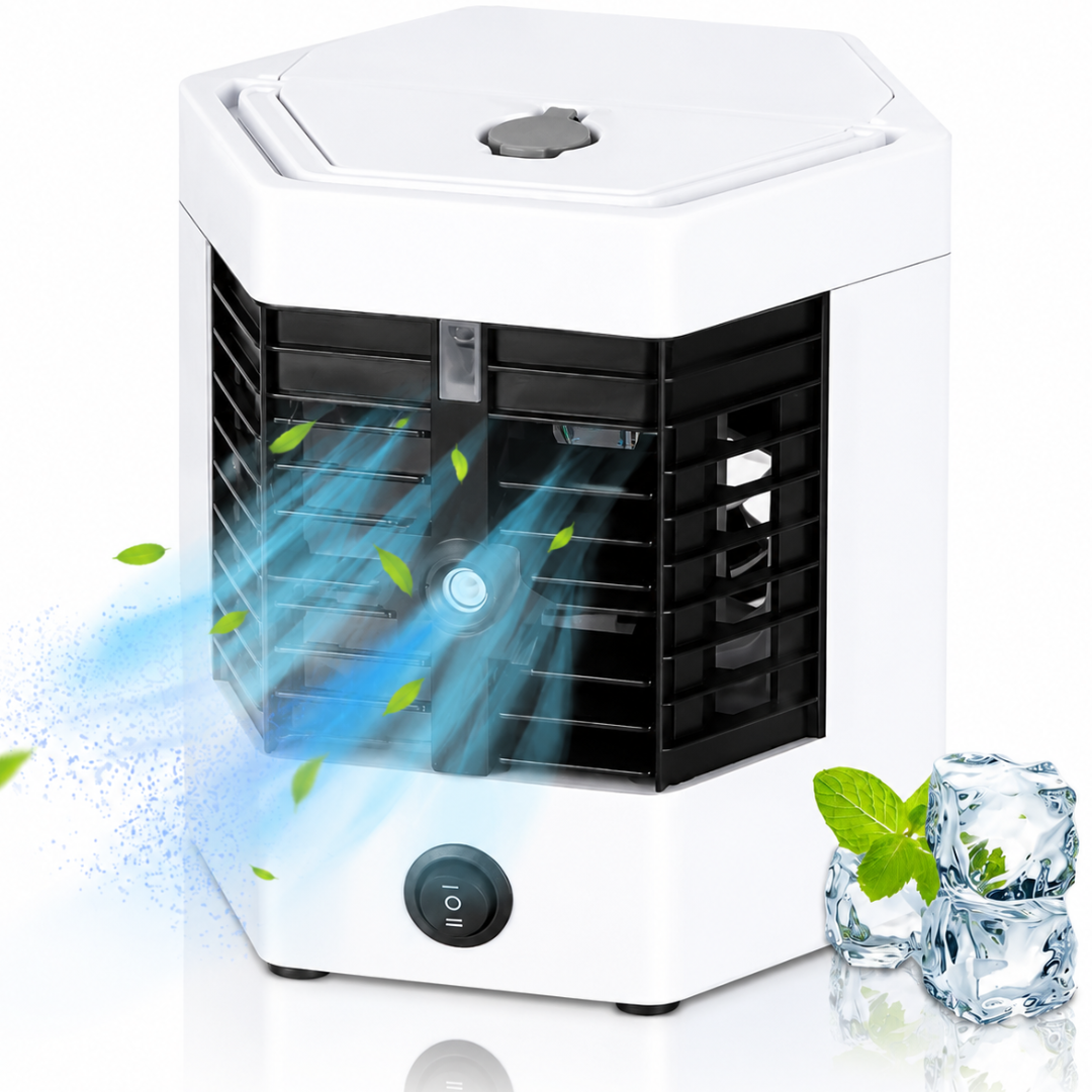 Mini aer condiționat portabil cu apă MACVI®, răcire, umidificare și purificare aer, 10W, USB, rezervor 400 ml, 2 trepte de viteză, autonomie până la 8 ore, alb