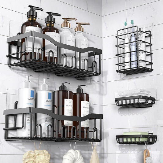 Set 5 Rafturi Organizatoare Macvi® pentru Baie si Bucatarie, Inox Negru, Montaj Fara Gauri, Suport Sapun, Periute si Gel de Dus, Design Modern si Durabil