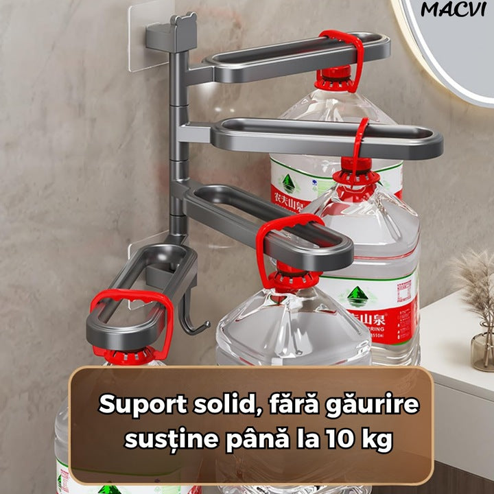 Suport prosoape Macvi® rotativ negru fara gaurire cu brate mobile si carlig integrat pentru baie sau bucatarie