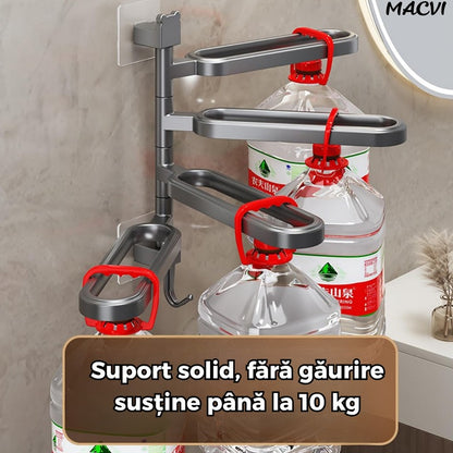 Suport prosoape Macvi® rotativ negru fara gaurire cu brate mobile si carlig integrat pentru baie sau bucatarie
