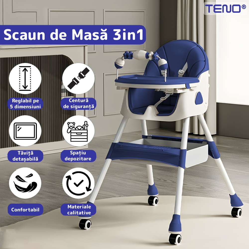 Scaun de Masa 3in1 pentru Bebelusi si Copii Teno®, centura de siguranta in 5 puncte, tavita reglabila si detasabila, loc depozitare jucarii, albastru inchis