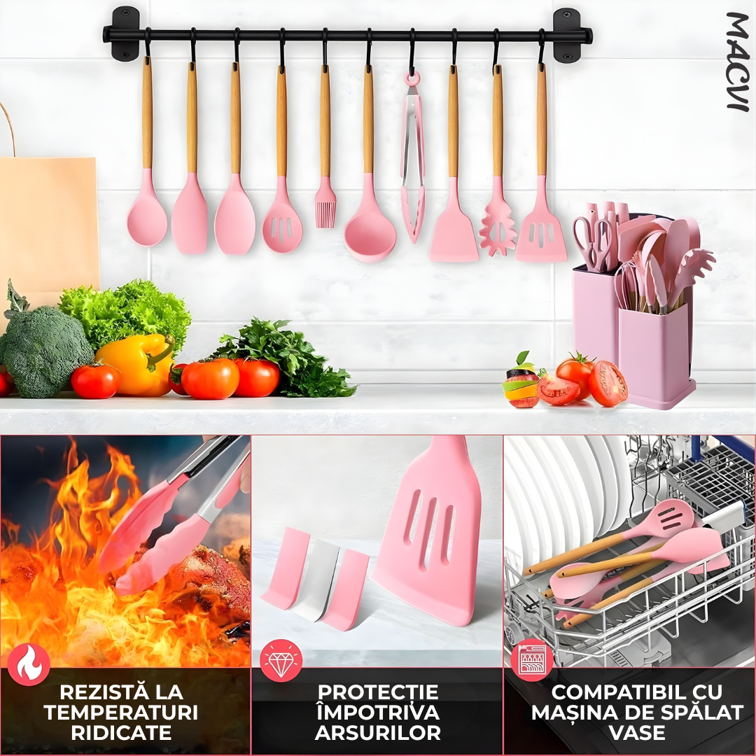 Set ustensile Macvi® bucatarie silicon premium 19 piese cu suport organizare cutite tocator linguri spatule fara BPA rezistente la temperaturi ridicate, Roz