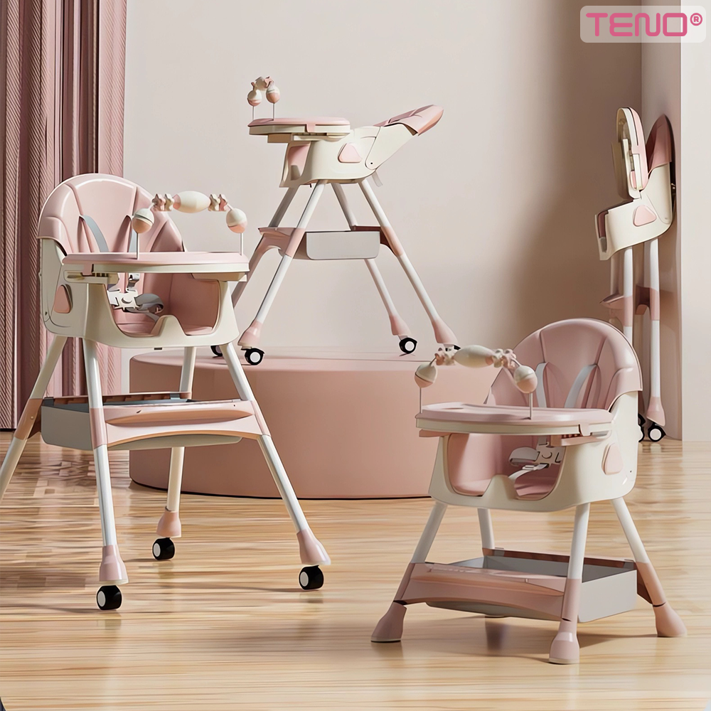 Scaun de Masa 3in1 pentru Bebelusi si Copii Teno®, centura de siguranta in 5 puncte, tavita reglabila si detasabila, loc depozitare jucarii, roz pastel
