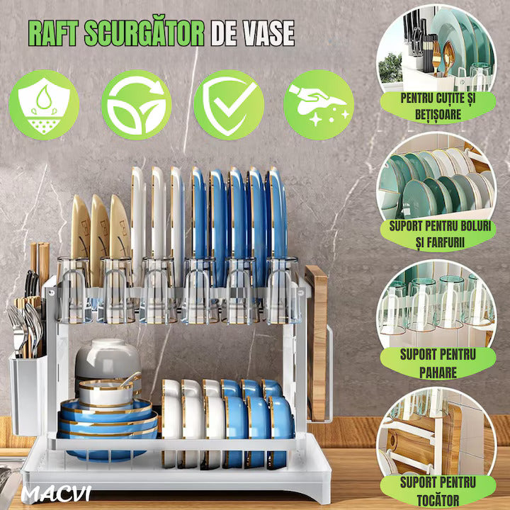 Uscator de vase supraetajat Macvi®, 2 niveluri, suport pentru tacamuri si pahare, tava scurgere, metal rezistent, 42x30x29 cm, alb