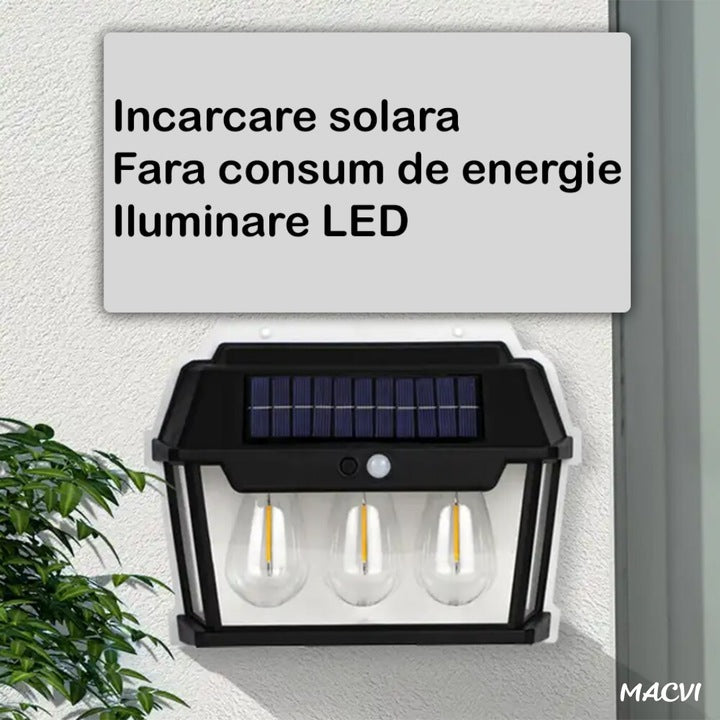 Lampa solara Macvi® de perete cu becuri LED triplu, senzor de miscare 8m, fara fir, 3 moduri de iluminare, IP65 rezistenta la apa, ideala pentru exterior