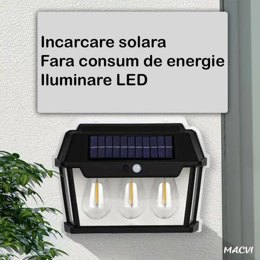 Lampa solara Macvi® de perete cu becuri LED triplu, senzor de miscare 8m, fara fir, 3 moduri de iluminare, IP65 rezistenta la apa, ideala pentru exterior