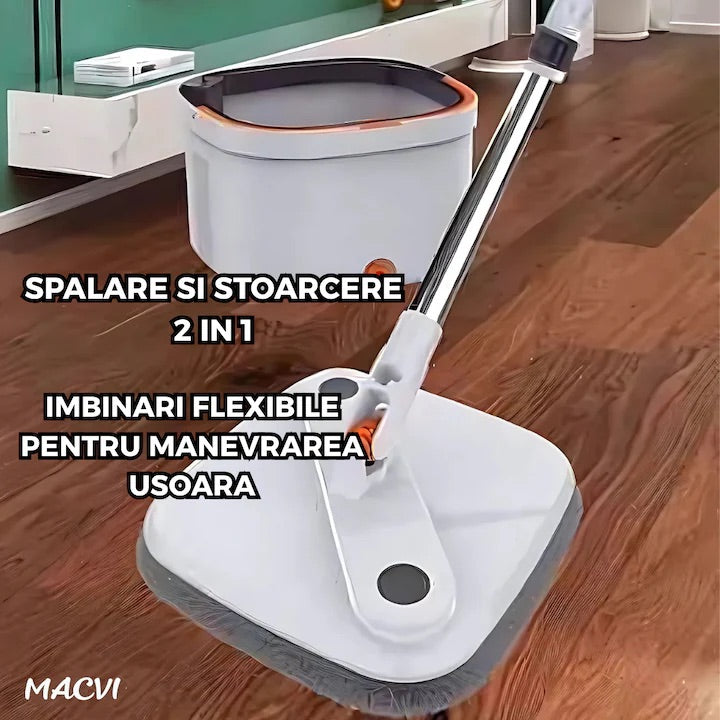 Mop Rotativ Macvi® cu Galeata, 2 lavete microfibra, functie de autocuratare, Rotatie 360°, Stoarcere Automata, Gri Deschis