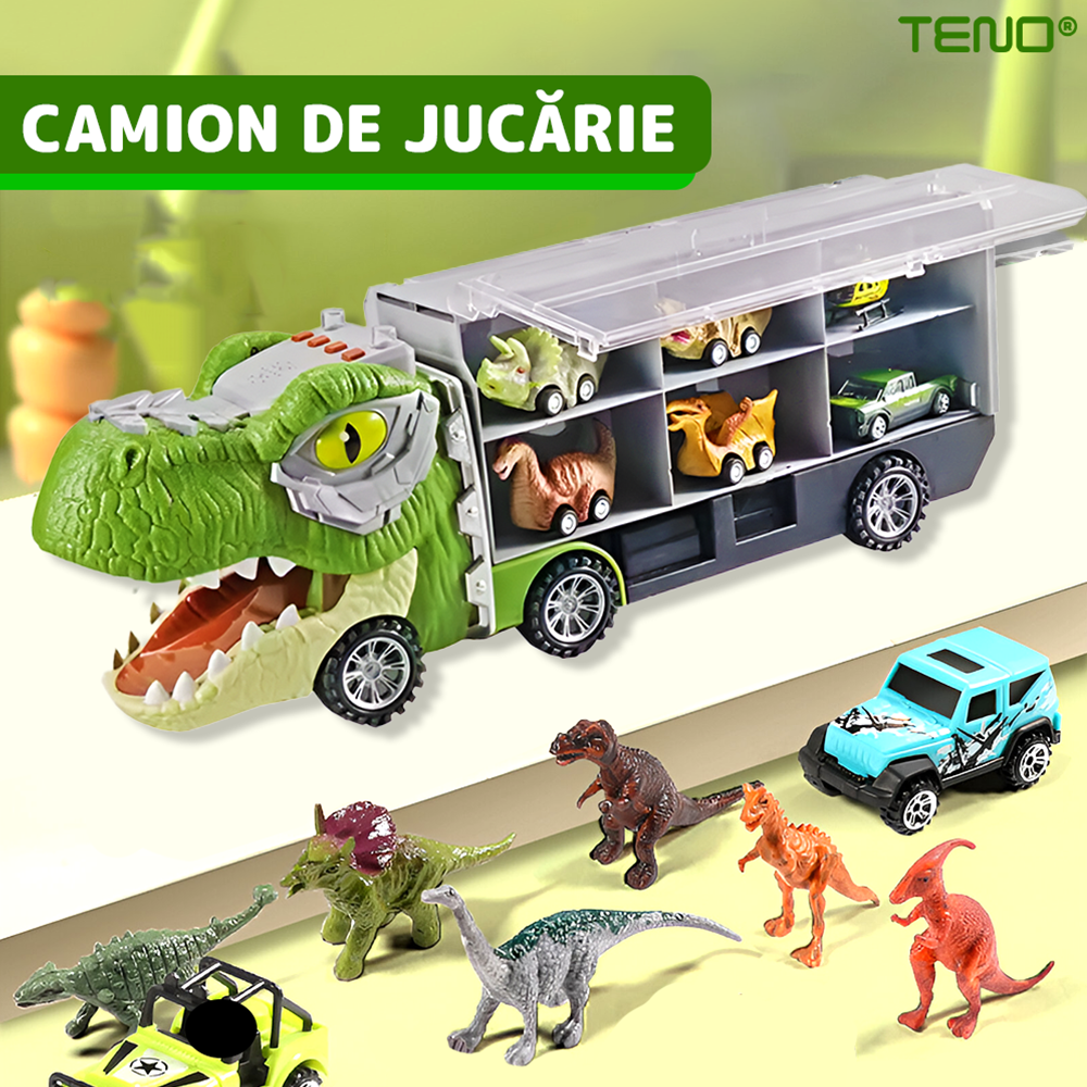 Set Camion Trailer de Jucarie pentru Transport Teno®, T-REX, 6 vehicule incluse, masina, barca, elicopter, accesorii mobile, lansator si rampa frontala, platforma tractare, verde deschis