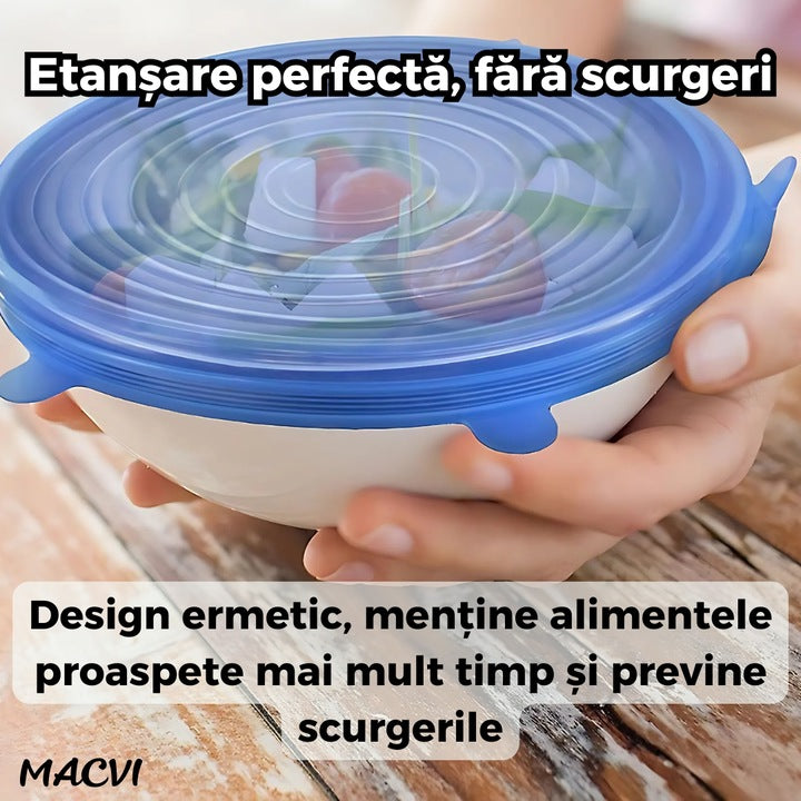 Set 6 Capace din Silicon Flexibil Macvi® Reutilizabile, Etanse, pentru Pastrarea Alimentelor, Albastru si Transparent