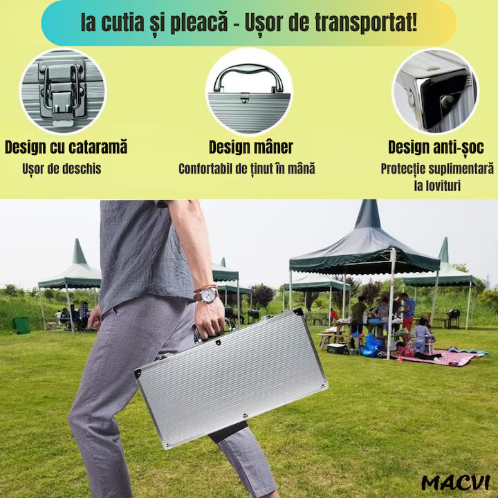 Set 10 ustensile pentru gratar Macvi® din otel inoxidabil premium, geanta transport aluminiu captusita, accesorii pentru un gratar reusit