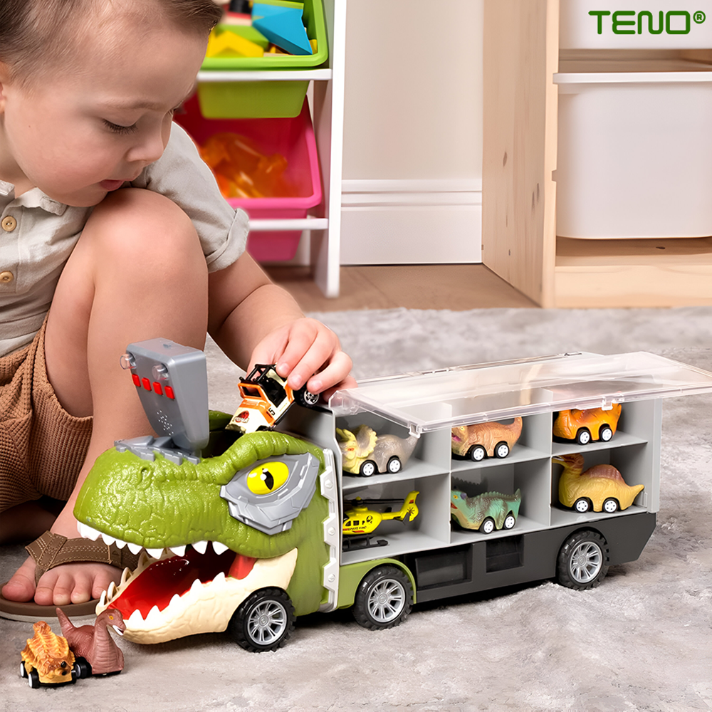 Set Camion Trailer de Jucarie pentru Transport Teno®, T-REX, 6 vehicule incluse, masina, barca, elicopter, accesorii mobile, lansator si rampa frontala, platforma tractare, verde deschis
