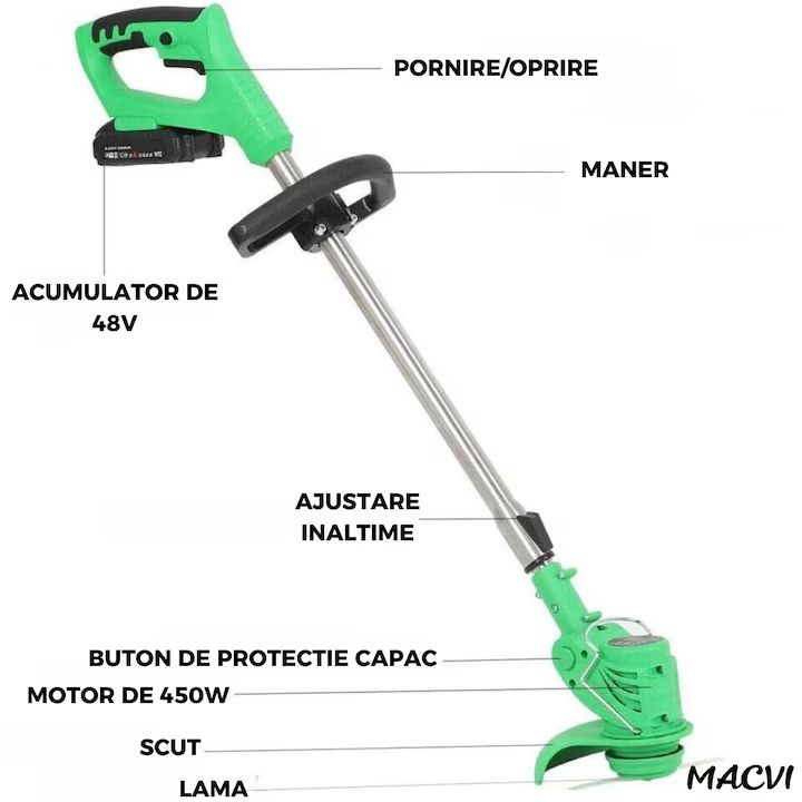 Motocoasa electrica, 2 acumulatori 48V, putere 4000 mAh, 18000 RPM