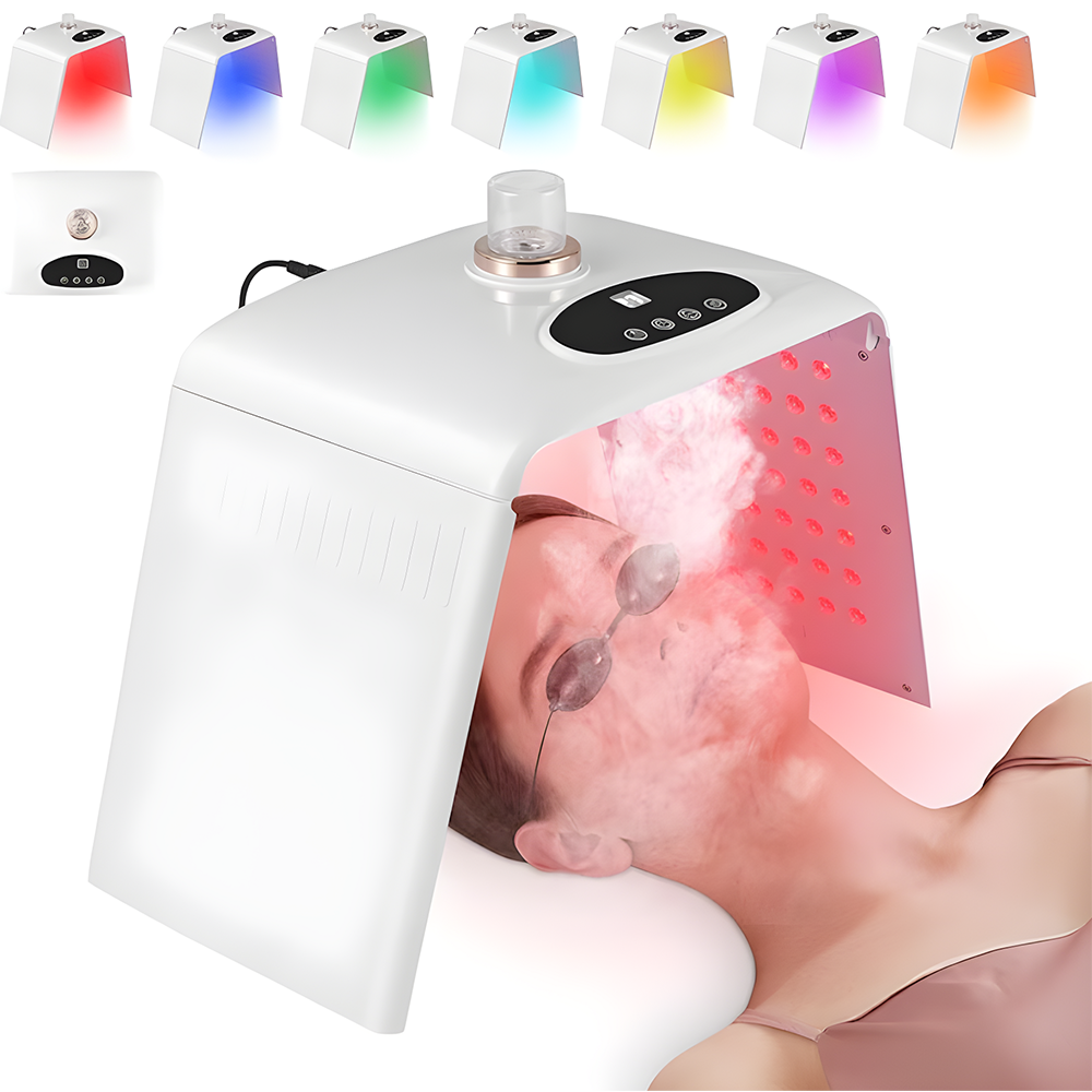 Dispozitiv de Infrumusetare cu Spray Teno®, 7 in 1, ingrijire faciala, tratament cu LED-uri cu 7 culori, intretinerea pielii, hidratare nano, pliabil, usor de utilizat, 205 LED-uri, alb