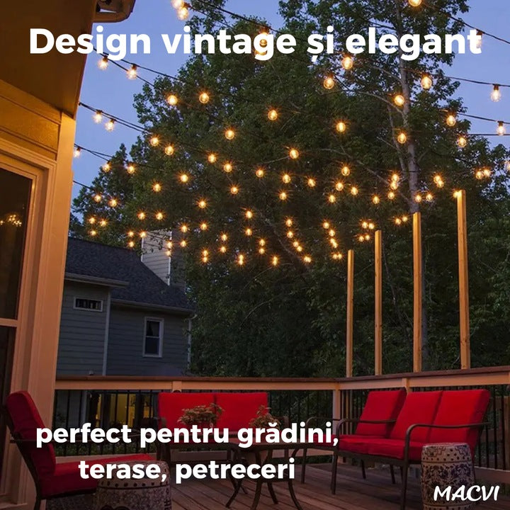 Ghirlanda luminoasa Macvi® led 8 metri cu 25 becuri G40 interconectabila rezistenta la exterior cu bec de rezerva inclus