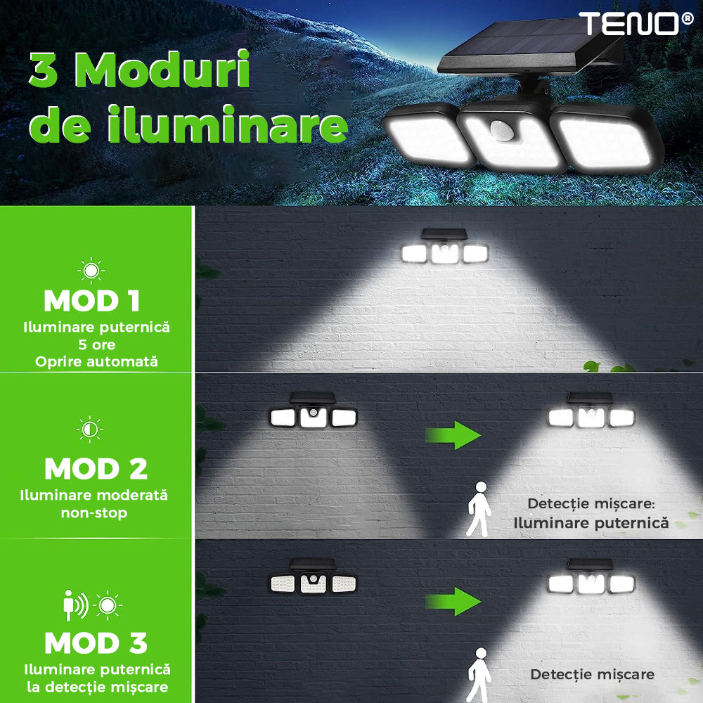 Lampa solara Teno, tripla, 72 LED-uri, senzor de miscare, protectie IP67, negru