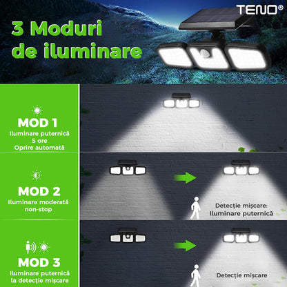 Lampa solara Teno, tripla, 72 LED-uri, senzor de miscare, protectie IP67, negru