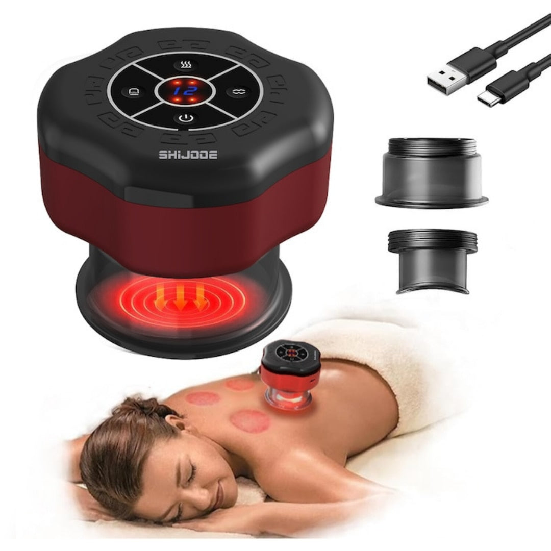 Aparat de masaj electric Macvi® tip ventuza, 12 niveluri presiune si temperatura, terapie cu lumina rosie, pentru masaj, drenaj limfatic si tonifiere, rosu