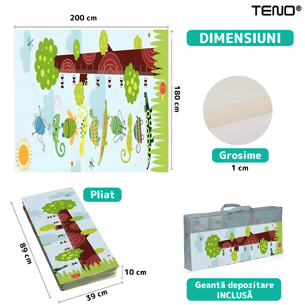 Covoras de Joaca pentru Copii Teno®, 2 fete, termic, anti-derapant, pliabil, protectie impotriva loviturilor, parc si jungla, 200x180cm, grosime 1 cm, multicolor