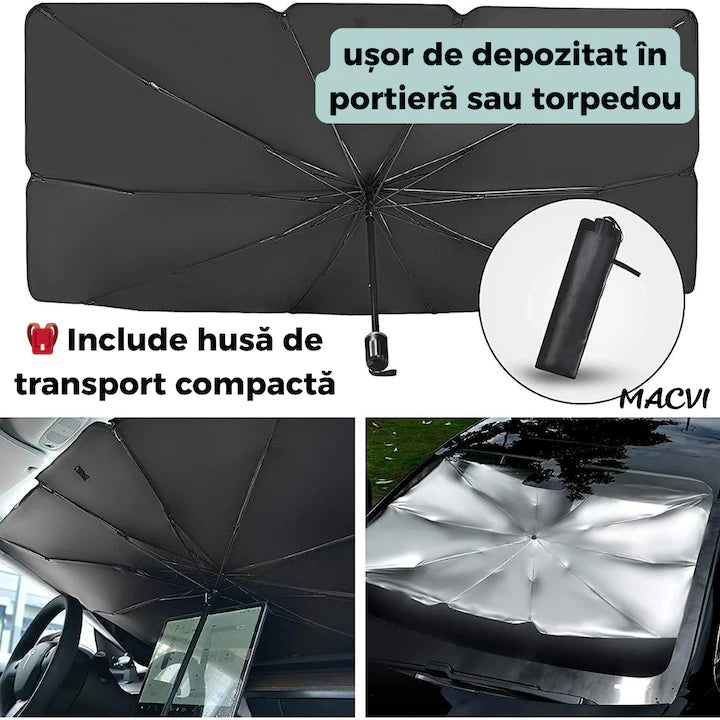 Protectie Parbriz Macvi® Tip Umbrela Pliabila, Reflectorizanta, Anti-UV, cu Husa Transport, 130 x 80, Instalare Rapida si Depozitare Compacta