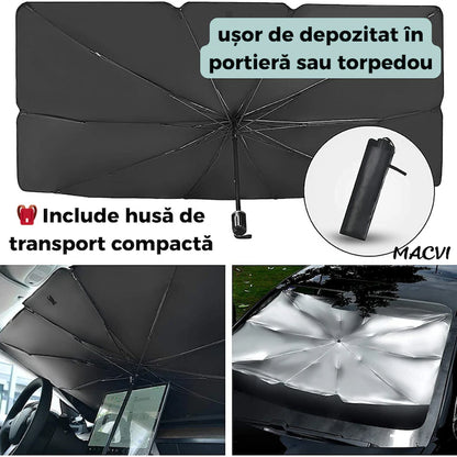 Protectie Parbriz Macvi® Tip Umbrela Pliabila, Reflectorizanta, Anti-UV, cu Husa Transport, 130 x 80, Instalare Rapida si Depozitare Compacta