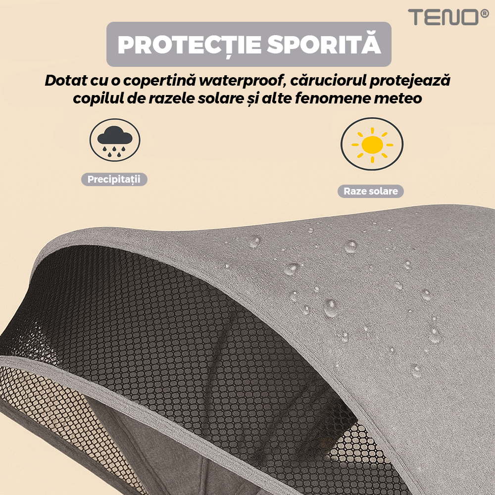 Carucior Sport pentru Bebelusi Teno®, pliabil, usor de carat, spatios, copertina retractabila, greutate maxima suportata 25 kg, gri deschis