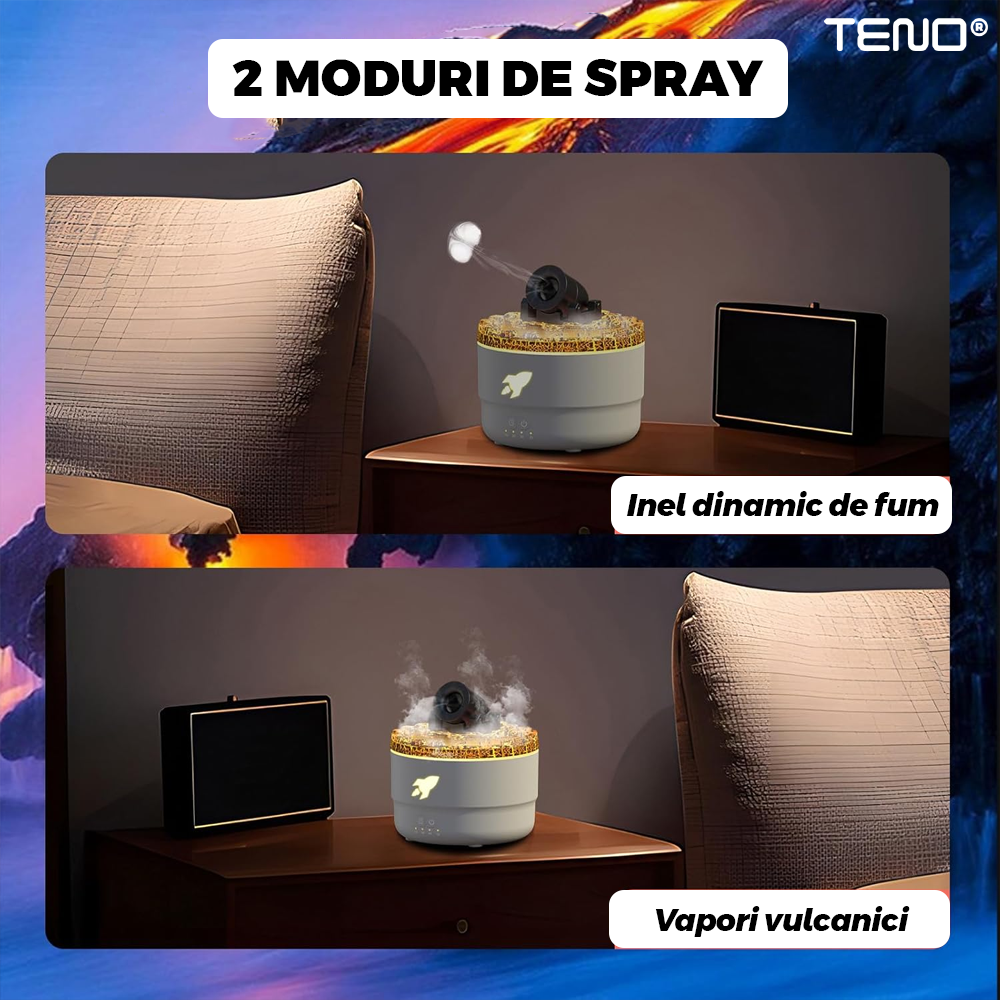 Difuzor Aromaterapie Teno®, forma de tun, 7 culori LED, lumini dinamice, control tactil, capacitate 300ml, silentios, rezerva inclusa, umidifica aerul, alb