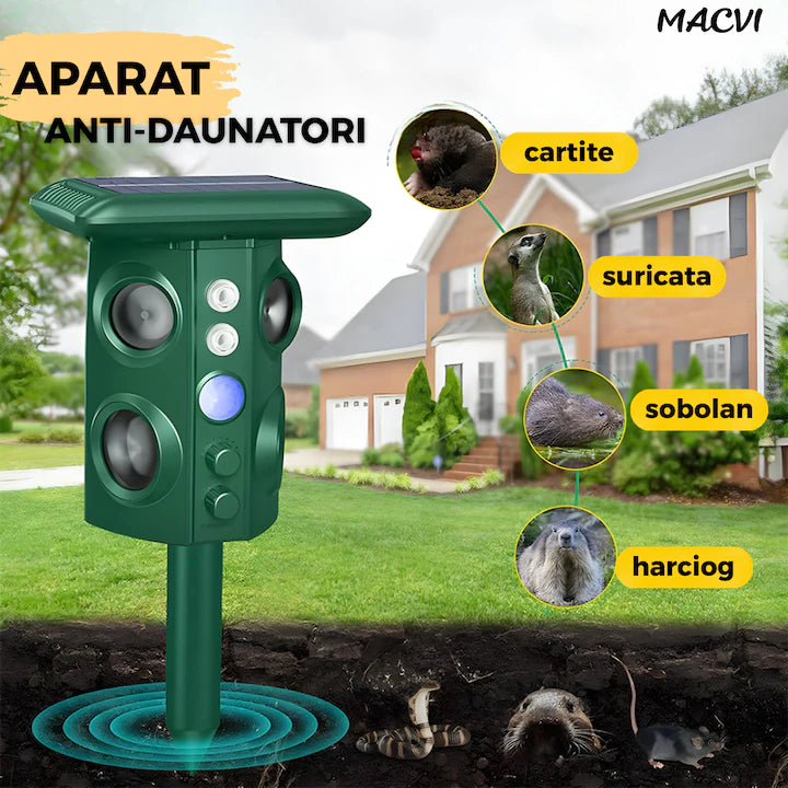 Aparat Macvi® cu ultrasunete anti-daunatori, 360°, anti animale salbatice, incarcare solara/USB, senzori PIR, LED-uri stroboscopice, waterproof, verde, dublu
