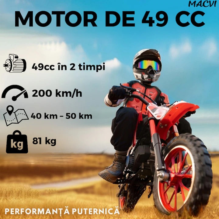 Motocicleta cross Macvi® pentru copii 49cc cu roti groase pornire usoara si motor pe benzina ideala pentru off road, Rosu