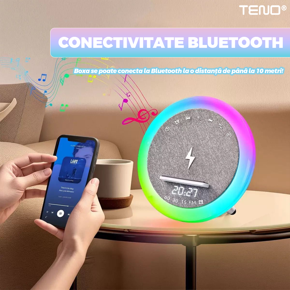 Boxa multifunctionala Mini Teno, lampa LED RGB, incarcator de gadgeturi wireless, functie de radio, functie de ceas, Bluetooth 5.3, design modern