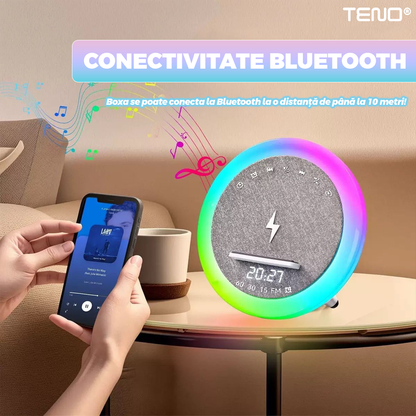 Boxa multifunctionala Mini Teno, lampa LED RGB, incarcator de gadgeturi wireless, functie de radio, functie de ceas, Bluetooth 5.3, design modern